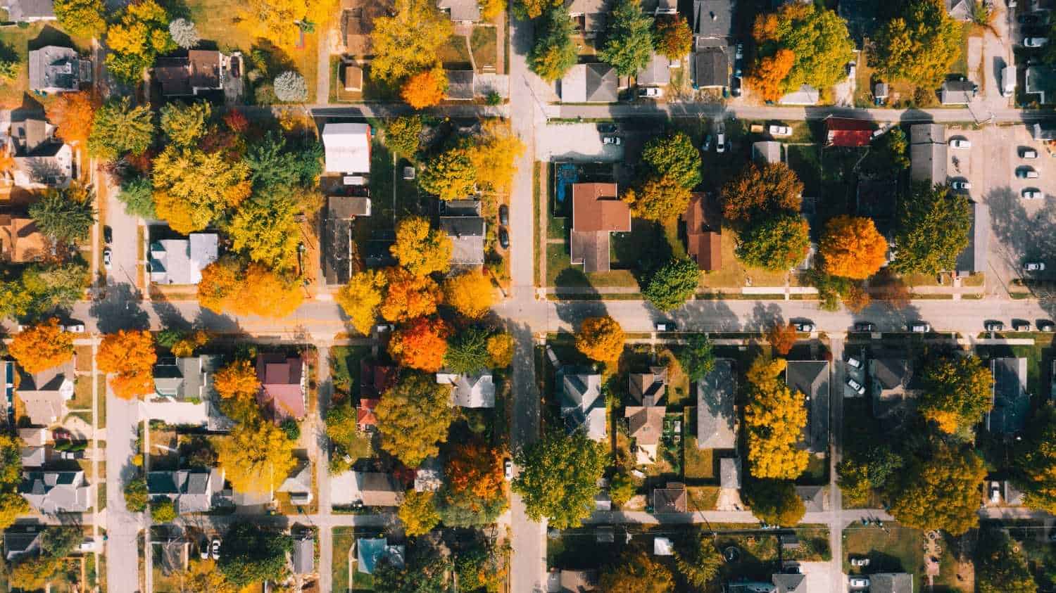 Aerial view of a well-maintained residential HOA community with tree-lined streets and single-family homes.